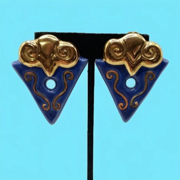 Geometric Abstract Earrings Clip On Terracotta Clay Handpainted Large Blue Gold - Picture 15 of 16